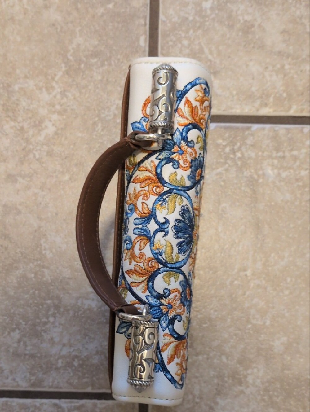 Brighton Embroidered Floral White Top-Handle Bag - Blue & Orange - Picture 2 of 5